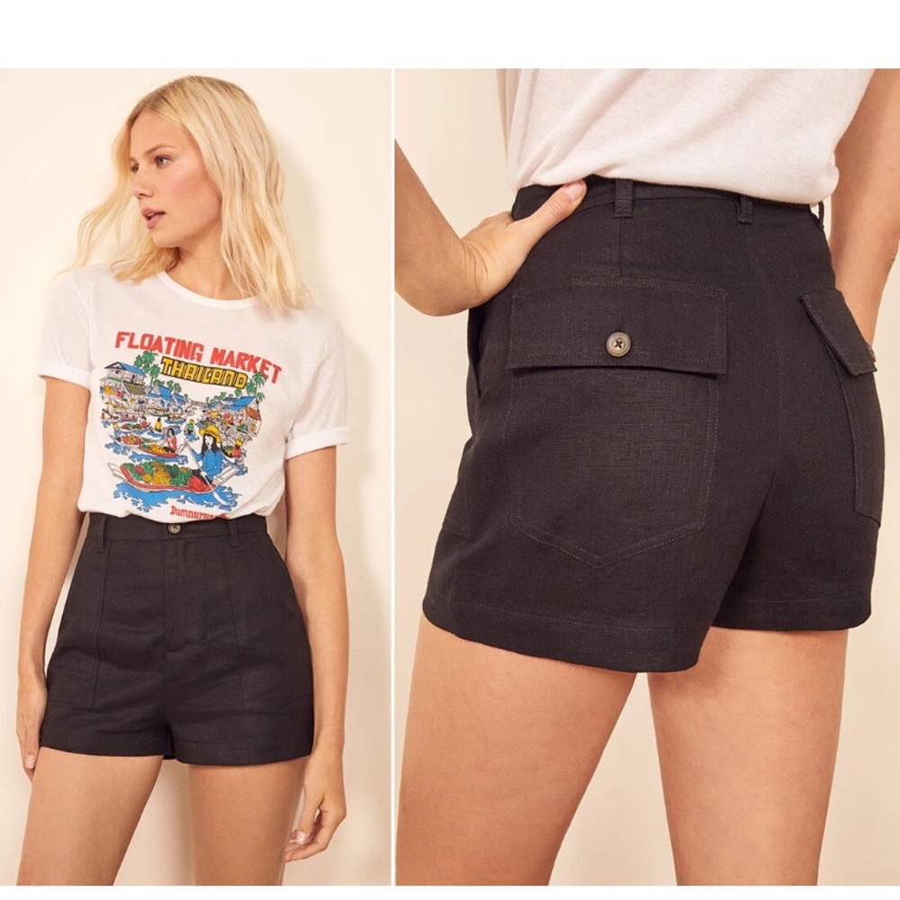 Reformation sterling linen black shorts SZ 2 black button pockets